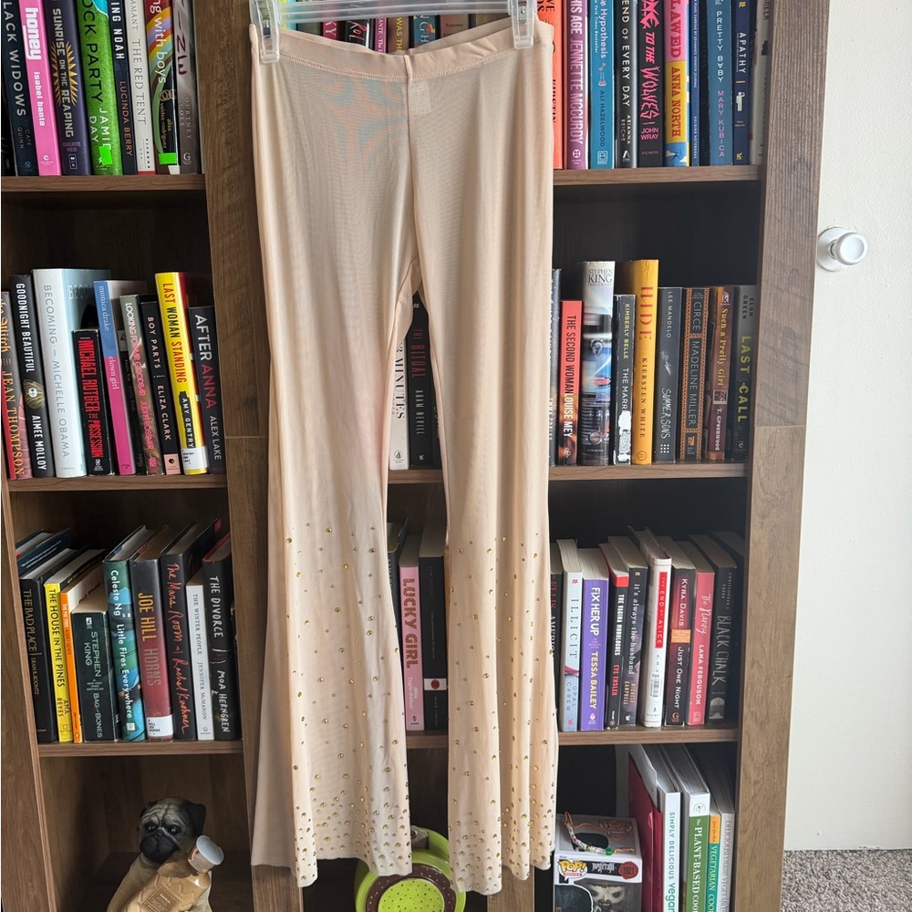 Beige Flared Pants with Studded Hem